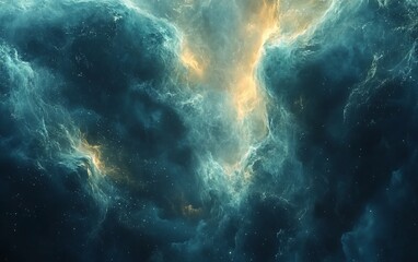 Fototapeta premium Abstract nebulae, swirling cosmic clouds of deep teal and amber hues, filled with star dust.