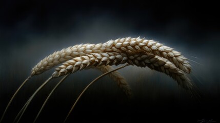 Two wheat ears against a dark background.  Close-up view of the delicate, light-tan colored heads of wheat.  The long stems are slender and reach out from the dark background