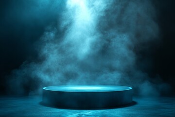 Mystical Blue Smoke Stage Setting with Illuminated Platform for Product Display