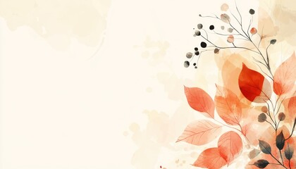 Autumn background vector watercolor pastel color splash with white line hand-drawn leaves and berries for design
