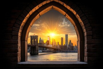 Fototapeta premium A sunrise view of the Brooklyn Bridge, with golden light reflecting off the East River