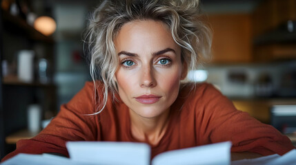 Close Up Portrait of a Young Woman with Blonde Curly Hair Reading a Book