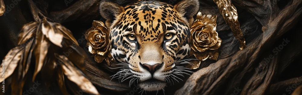 Aufkleber close-up view of a jaguar's face with detailed patterns and golden accents in a natural setting