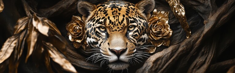 Obraz premium Close-up view of a jaguar's face with detailed patterns and golden accents in a natural setting