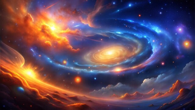 A vibrant, otherworldly galaxy swirls across a cosmic landscape. Breathtaking space themed background.