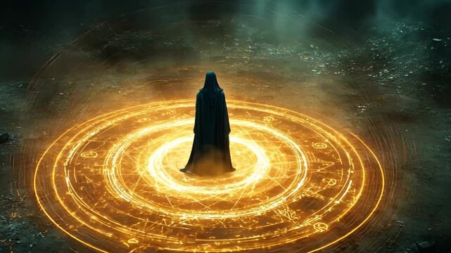 Figure in dark robe stands in glowing magic circle, mystical landscape