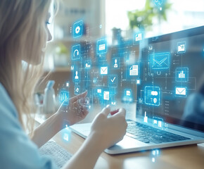 Woman touching virtual screen