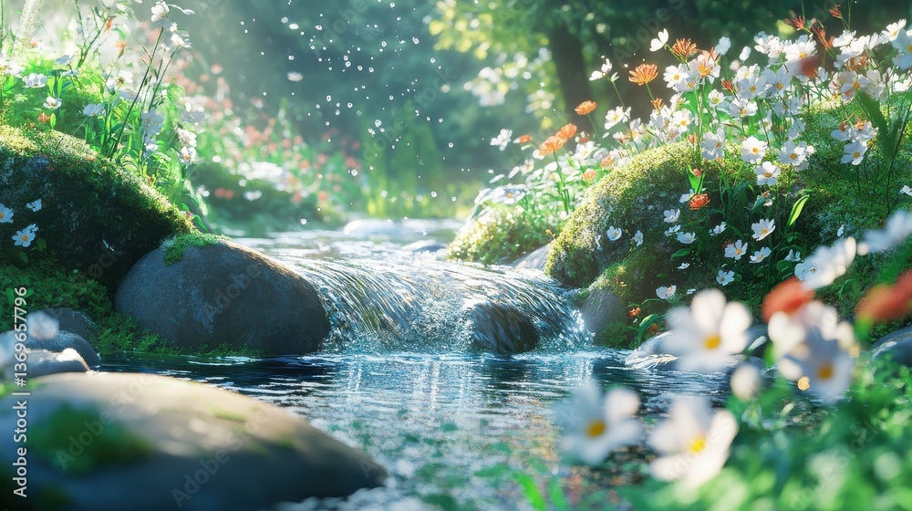 Poster spring brook flowing over smooth stones surrounded by vibrant wildflowers in a tranquil woodland set