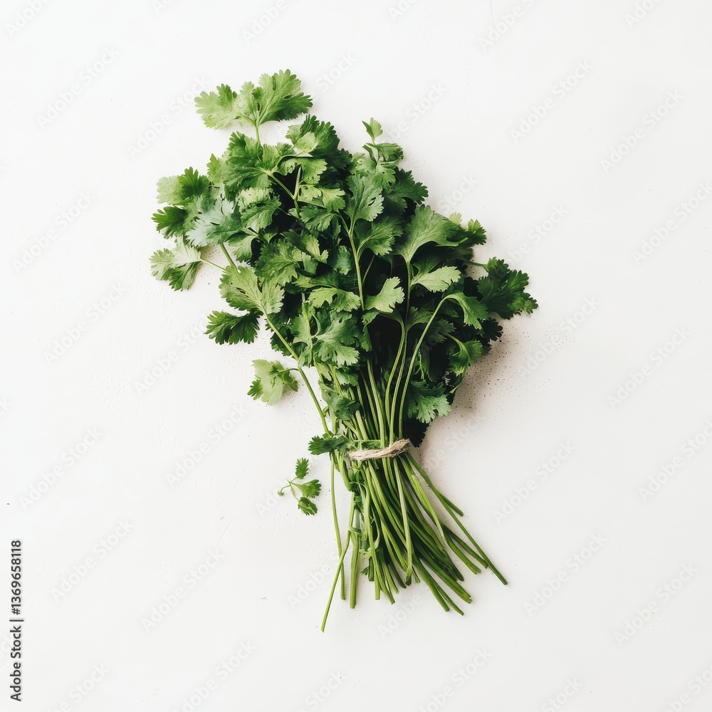 Poster fresh cilantro bunch ready for culinary use in vibrant green color on a simple background