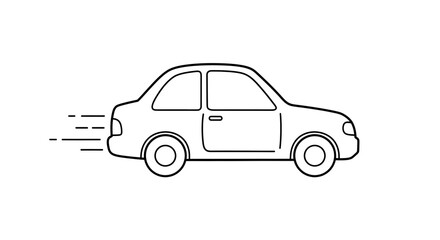 Cute line art illustration of a car with a smiling face, featuring simple wheels and windows.