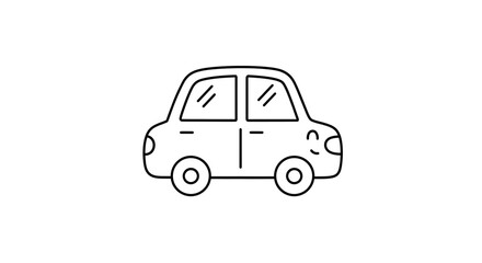 Cute line art illustration of a car with a smiling face, featuring simple wheels and windows.