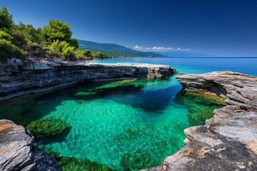 Obraz premium The famous natural Giola Lagoon in Thassos, with emerald green water inside the rocky pool formation