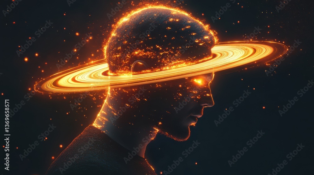 Leinwandbilder Dynamic profile of a man illuminated by cosmic elements and a ringed planet in a cosmic setting