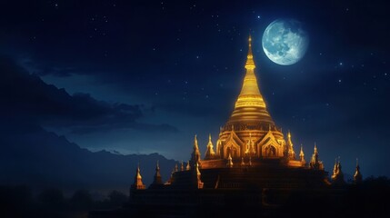 Vesak Day, Golden Pagoda at Night Under a Full Moon