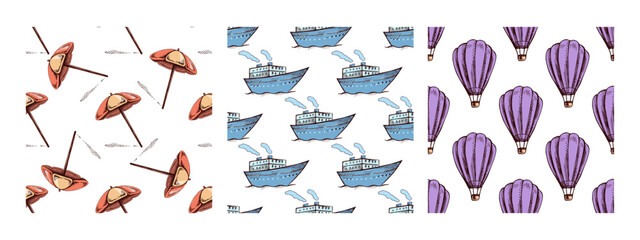 Set of seamless patterns with beach umbrella, cruise ship and hot air balloon in hand drawn sketch vintage style