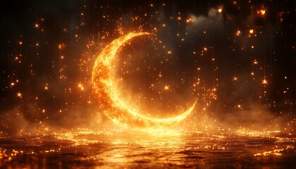 Naklejka premium Fiery Crescent Moon, Night Sky, Reflection