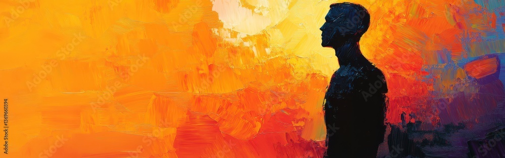 Aufkleber man glowing against a vibrant sunset in an abstract landscape with vivid colors and soft textures
