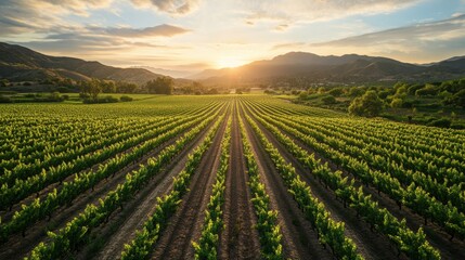 Naklejka premium Vibrant vineyard rows under a golden sunset, rolling hills in the distance. Showcase wine industry, agriculture, and the beauty of natural landscapes.