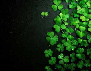 Background with green clover leaves for Saint Patrick's day. Abstract pattern with a shamrock. Spingtime nature background. Vintage film aesthetic. 