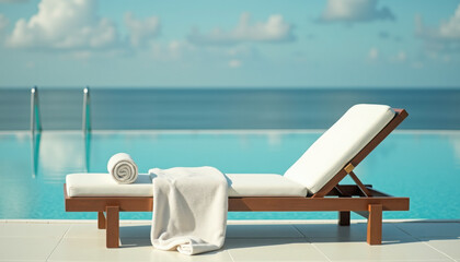 Relaxing poolside scene, sun lounger with towel overlooking tranquil ocean view