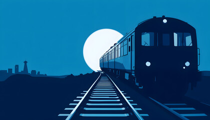 Fototapeta premium Train silhouette traveling along the railway tracks under a large moon in the background