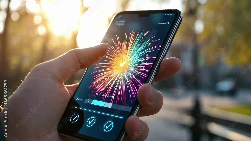 Poster hand holding modern smartphone with futuristic cyber security interface, showing data processing and