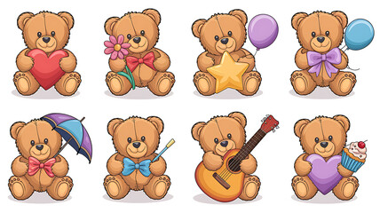 Cute teddy bears with various props Adorable cartoon characters for kids