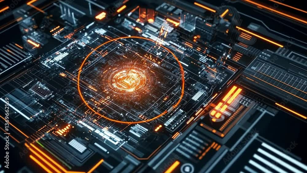 Poster complex network of glowing circuits protecting sensitive data, representing strong cyber security me