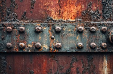 Flat texture of a metal plate with rivets, set against a dark, grungy background.