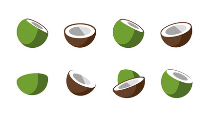 Fresh whole and halved coconuts flat style illustration