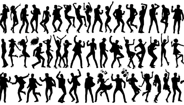 Dynamic Black and White Silhouettes Dancing in Celebration: Joyful Group Party Illustration and Music Culture Expression
