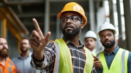 Foreman instructs construction crew wearing hard hats and safety vests. Use it for safety campaigns, construction projects, and leadership roles.