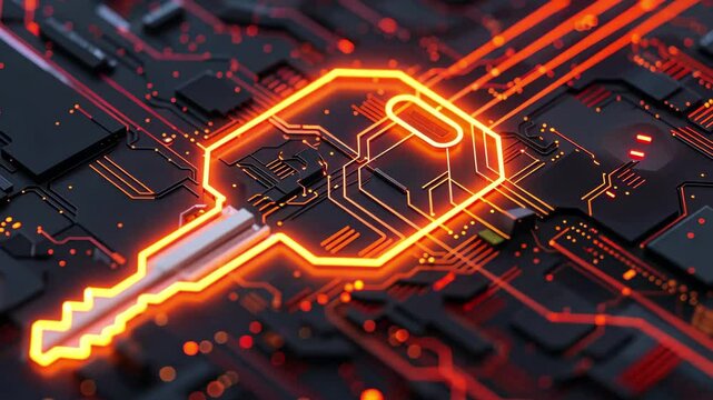 A striking digital key is showcased in vibrant orange against a complex circuit board, embodying the essence of modern technology and cybersecurity.