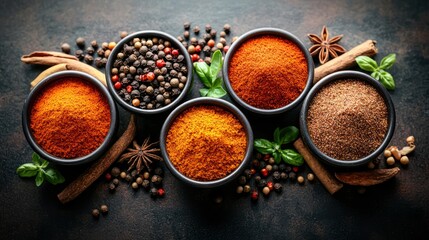 Assorted spices in small bowls, arranged aesthetically with cinnamon sticks and peppercorns
