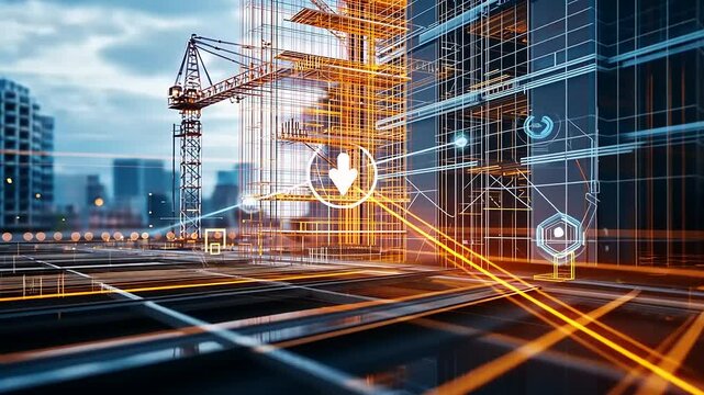 Futuristic construction site with digital overlays showcasing progress and technology integration