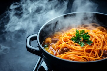 Steaming Pasta for Gourmet Dinner, Dark Kitchen.