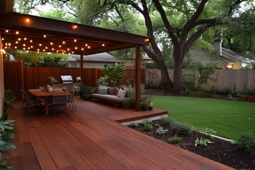 Obraz premium A patio with a wooden deck and a covered patio with a grill. The patio is surrounded by trees and has a lawn