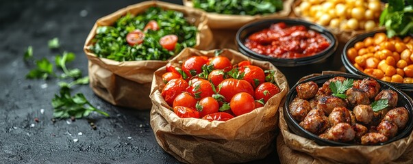 Fototapeta premium Various delicious meals and fresh ingredients arranged artistically on dark background