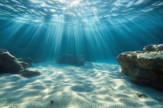 Sunbeams penetrate the ocean floor, illuminating a sandy seabed with rocks; concept for underwater photography, marine life documentaries, and ocean conservation campaigns
