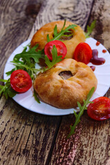 Mongolian buuz, dumplings with meat, savory fried dumplings filled with juicy meat, served on a plate with herb, arugula, tomatoes. Artisanal food