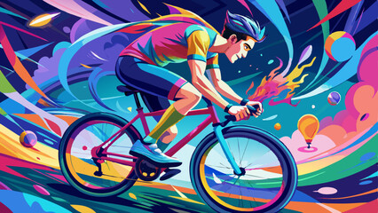 Fototapeta premium young man riding a bicycle with a colorful energy, digital art style, illustration painting