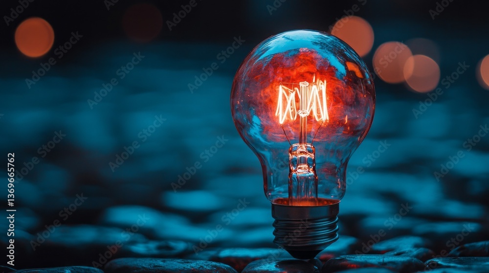 Poster a glowing light bulb stands prominently on a cobblestone surface, casting a soft glow in the surroun