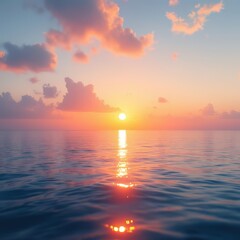 Fototapeta premium Calm Ocean Reflecting a Vibrant Sunrise with Soft Clouds Above