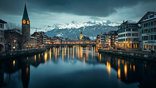 Winter panorama of Zurich with illuminated buildings reflecting in Limmat river