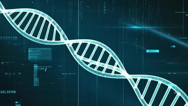 Futuristic digital DNA strand illustration with binary code, symbolizing genetic technology and data - Powered by Adobe