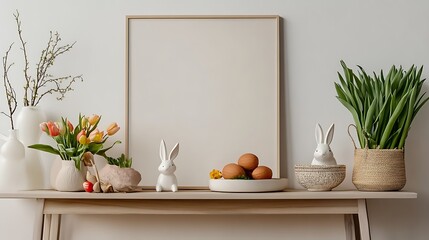 Fototapeta premium Easter eggs in a glass vase decorate a luxury home's window table