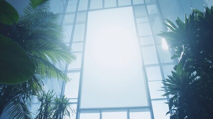 Modern office building with greenery and large glass windows. Use this blank canvas window for your brand's message.