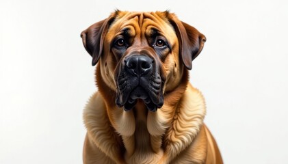Imposing mastiff, head tilt, pure white backdrop, detail, animal