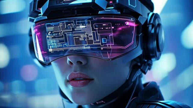 Futuristic woman professional wearing a special visor and headset is working with holographic computer code in a cyberspace environment, ensuring online safety and protection against cyber threats