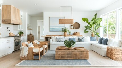 Bright, airy living space with coastal design elements;  natural textures and a calming palette
